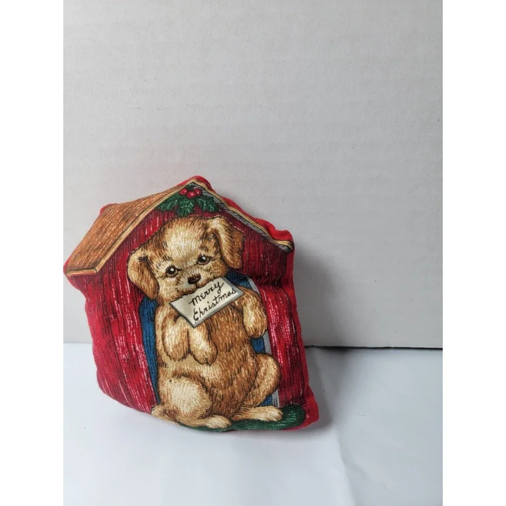 Vintage Christmas Puppy Dog House Mini Plush Pillow Merry Christmas Stuffed...
